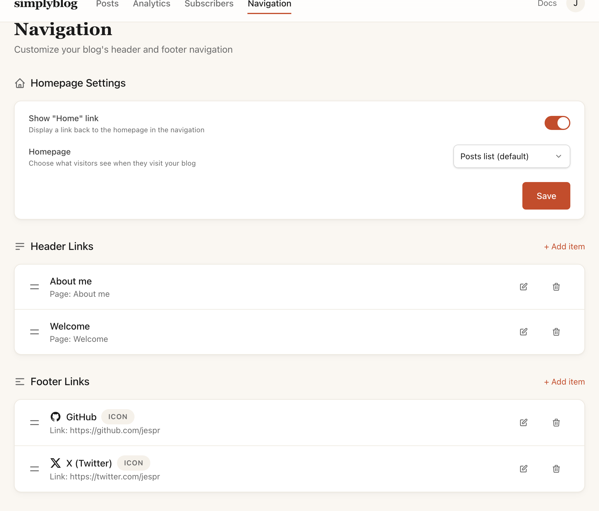 Navigation settings interface